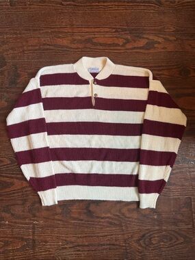 Vintage Striped Maroon and Cream Knit Polo Sweater